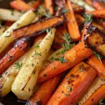 ['Close-up of caramelized maple roasted carrots and parsnips garnished with fresh thyme.', 'Side view showing juicy maple-glazed carrots and parsnips on a white plate.', 'Vibrant roasted carrots and parsnips glistening with maple syrup, presented artfully.', 'Detail of golden-brown carrots and parsnips styled with thyme, highlighting their texture.']