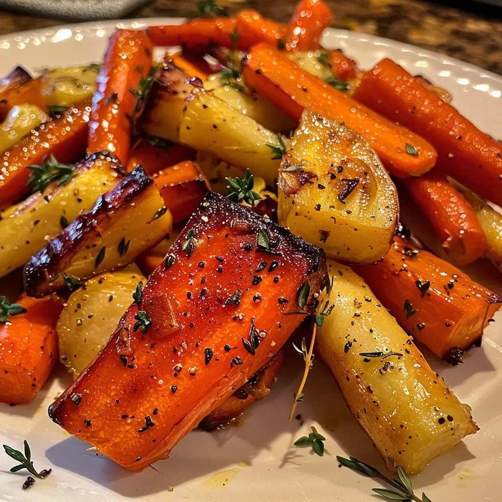 ['Close-up of caramelized maple roasted carrots and parsnips garnished with fresh thyme.', 'Side view showing juicy maple-glazed carrots and parsnips on a white plate.', 'Vibrant roasted carrots and parsnips glistening with maple syrup, presented artfully.', 'Detail of golden-brown carrots and parsnips styled with thyme, highlighting their texture.']