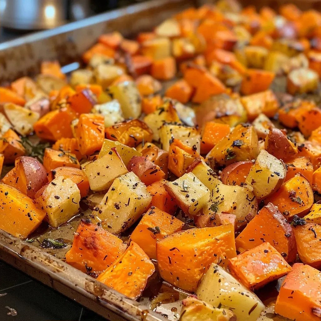 ['Close-up of roasted root vegetables, featuring bright carrots, sweet potatoes, red potatoes, turnips, and garlic.', 'Side view of maple roasted root vegetables, showcasing vibrant colors and textures of various diced vegetables.', 'Juicy, golden-brown roasted carrots, potatoes, and turnips garnished with herbs, on a rustic table.', 'A delicious array of caramelized root vegetables, including garlic, displayed in a deep, matte dish.']