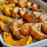 ['Close-up of roasted squash wedges drizzled with maple syrup and garnished with thyme.', 'Side view of golden-brown maple roasted squash wedges, topped with walnuts and herbs.', 'Juicy chunks of winter squash with a glossy maple glaze, artfully arranged on a plate.', 'Delicious maple roasted squash wedges, showing caramelized edges and vibrant colors.']