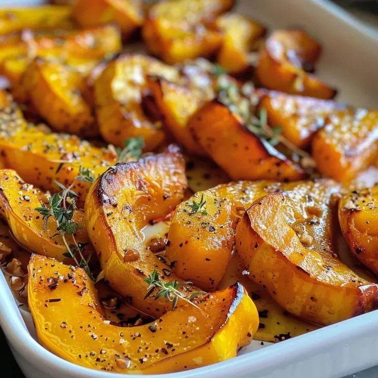 ['Close-up of roasted squash wedges drizzled with maple syrup and garnished with thyme.', 'Side view of golden-brown maple roasted squash wedges, topped with walnuts and herbs.', 'Juicy chunks of winter squash with a glossy maple glaze, artfully arranged on a plate.', 'Delicious maple roasted squash wedges, showing caramelized edges and vibrant colors.']