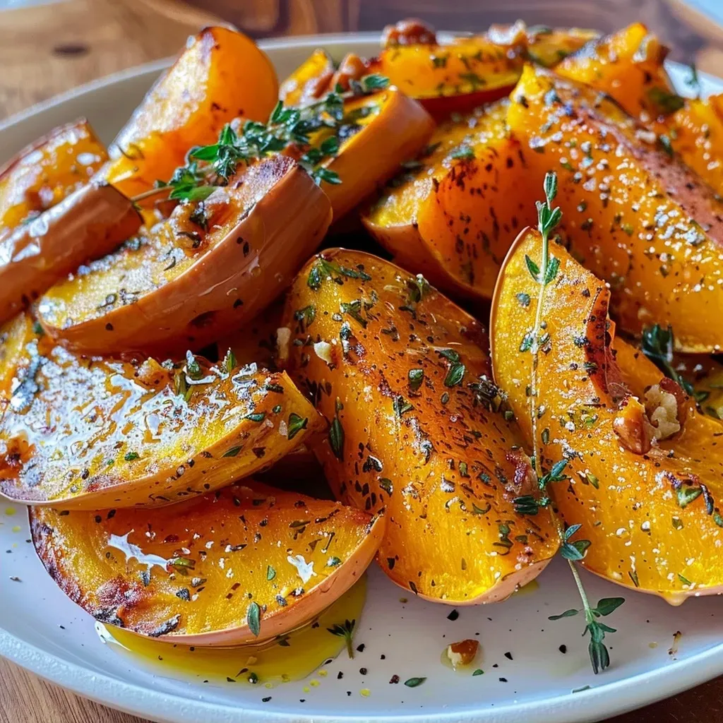 ['Close-up of roasted squash wedges drizzled with maple syrup and garnished with thyme.', 'Side view of golden-brown maple roasted squash wedges, topped with walnuts and herbs.', 'Juicy chunks of winter squash with a glossy maple glaze, artfully arranged on a plate.', 'Delicious maple roasted squash wedges, showing caramelized edges and vibrant colors.']