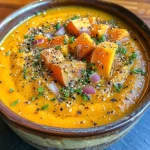 ['Close-up view of a bowl of Maple Roasted Sweet Potato and Carrot Soup garnished with herbs.', 'Side angle photo of creamy orange soup made from sweet potatoes and carrots in a rustic bowl.', 'Rich, velvety texture of Maple Roasted Sweet Potato and Carrot Soup with a drizzle of maple syrup.', 'A vibrant bowl of soup featuring chunks of sweet potato and carrot, showcasing its smooth consistency.']
