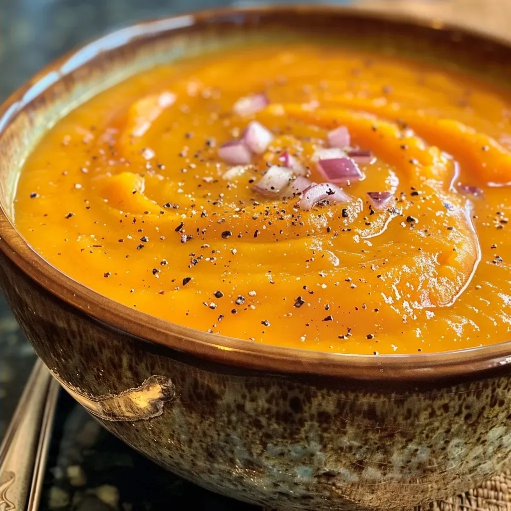['Close-up view of a bowl of Maple Roasted Sweet Potato and Carrot Soup garnished with herbs.', 'Side angle photo of creamy orange soup made from sweet potatoes and carrots in a rustic bowl.', 'Rich, velvety texture of Maple Roasted Sweet Potato and Carrot Soup with a drizzle of maple syrup.', 'A vibrant bowl of soup featuring chunks of sweet potato and carrot, showcasing its smooth consistency.']