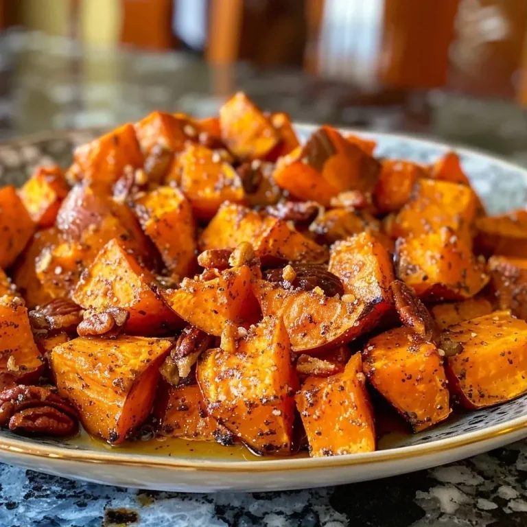 ['Close-up of golden-brown maple roasted sweet potatoes with a glossy finish.', 'Side view of diced sweet potatoes drizzled with maple syrup and garnished with pecans.', 'Juicy, caramelized sweet potatoes showcasing a rich maple glaze and cinnamon seasoning.', 'Colorful presentation of roasted sweet potato cubes sprinkled with chopped pecans.']