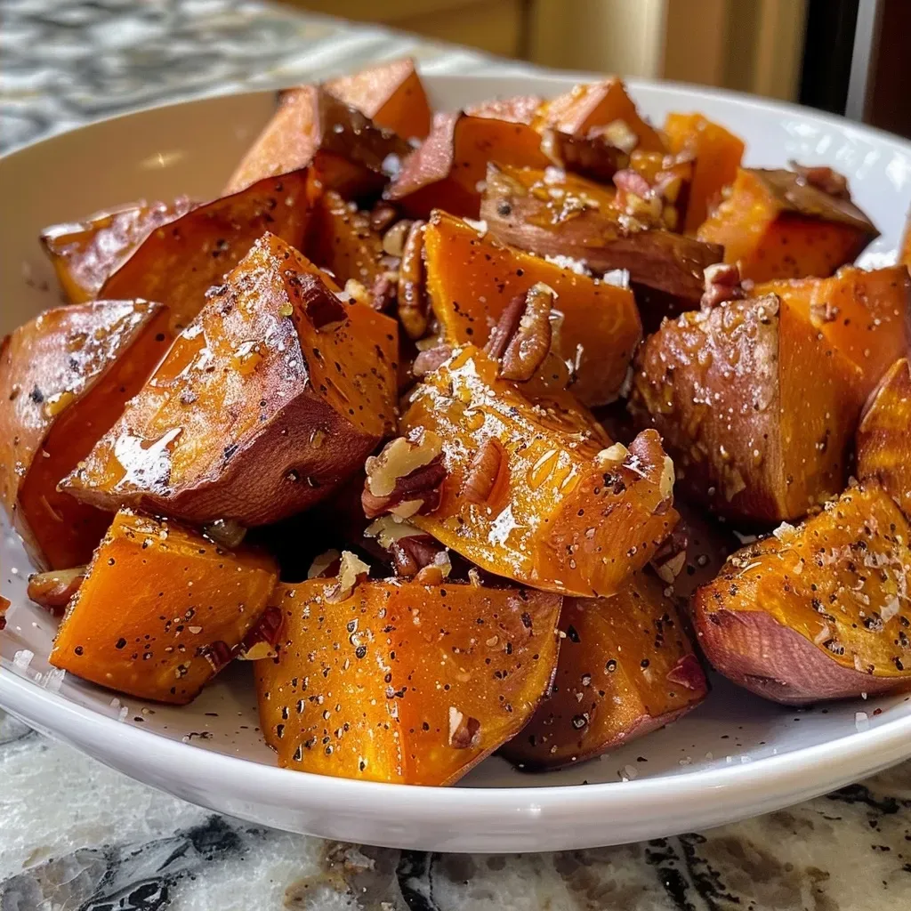 ['Close-up of golden-brown maple roasted sweet potatoes with a glossy finish.', 'Side view of diced sweet potatoes drizzled with maple syrup and garnished with pecans.', 'Juicy, caramelized sweet potatoes showcasing a rich maple glaze and cinnamon seasoning.', 'Colorful presentation of roasted sweet potato cubes sprinkled with chopped pecans.']