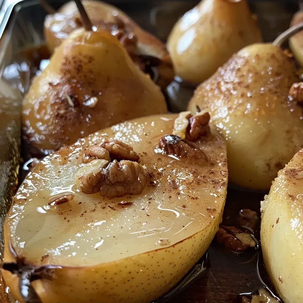 ['Close-up view of baked pears drizzled with maple syrup and sprinkled with cinnamon.', 'Side view of two juicy baked pears topped with nuts and a glossy syrup.', 'Delicious golden pears infused with cinnamon and maple syrup, garnished with pecans.', 'Warm, caramelized baked pears with a rich syrupy glaze and spices.']