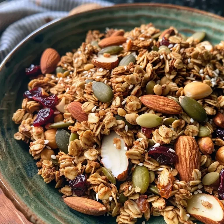 ['Close-up view of crunchy Maple Tahini Granola with nuts and seeds.', 'Side profile of Maple Tahini Granola featuring oats, nuts, and dried fruits.', 'Delicious Maple Tahini Granola with coconut flakes and cranberries in a bowl.', 'Textured granola made with tahini and maple syrup, showcasing mixed seeds.']