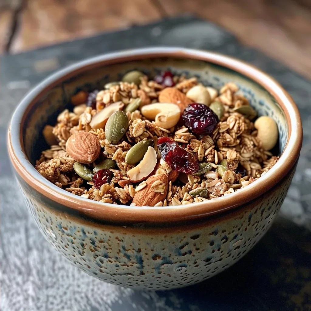 ['Close-up view of crunchy Maple Tahini Granola with nuts and seeds.', 'Side profile of Maple Tahini Granola featuring oats, nuts, and dried fruits.', 'Delicious Maple Tahini Granola with coconut flakes and cranberries in a bowl.', 'Textured granola made with tahini and maple syrup, showcasing mixed seeds.']