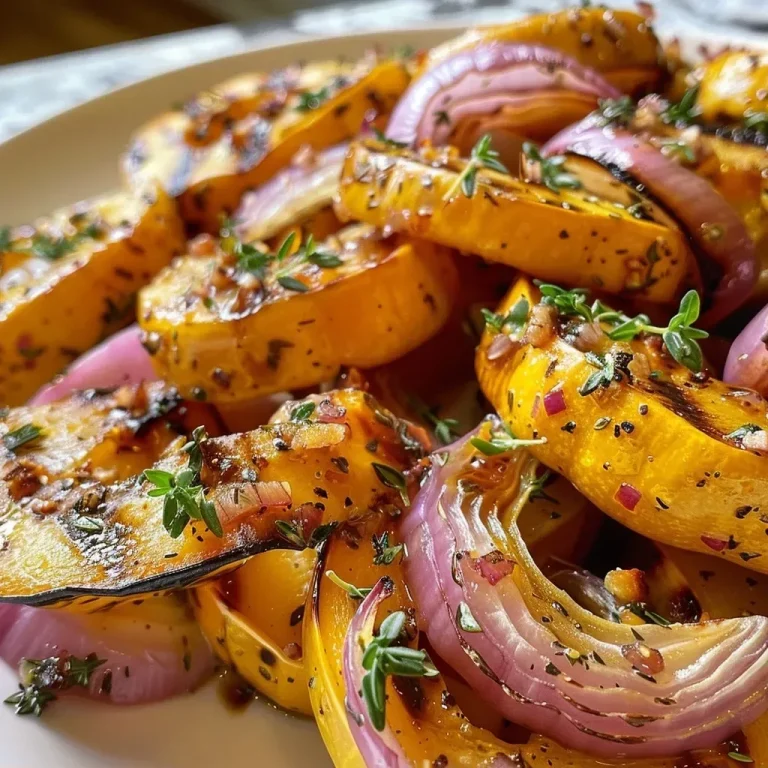 ['Close-up of roasted delicata squash and red onion, garnished with thyme.', 'Juicy, caramelized delicata squash rounds alongside vibrant red onion slices.', 'A side view of Maple Thyme Roasted Delicata Squash with glistening olive oil.', 'A colorful platter featuring roasted delicata squash and red onion, sprinkled with thyme.']