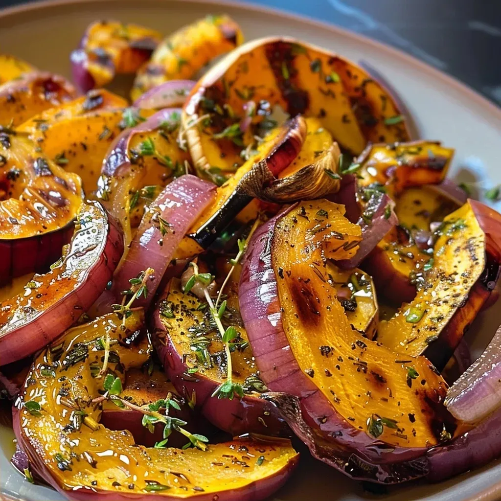 ['Close-up of roasted delicata squash and red onion, garnished with thyme.', 'Juicy, caramelized delicata squash rounds alongside vibrant red onion slices.', 'A side view of Maple Thyme Roasted Delicata Squash with glistening olive oil.', 'A colorful platter featuring roasted delicata squash and red onion, sprinkled with thyme.']