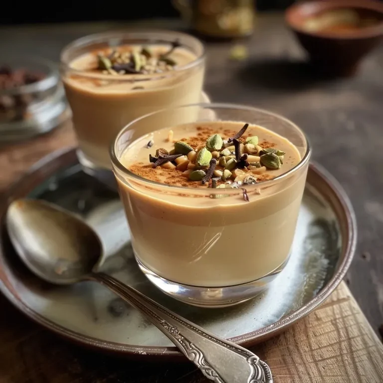 ['Close-up view of a creamy Masala Chai Panna Cotta topped with spices.', 'Side view of a flavorful Masala Chai Panna Cotta in a glass dessert dish.', 'Rich Masala Chai Panna Cotta with a smooth texture, garnished with cardamom.', 'Creamy dessert showcasing Masala Chai ingredients like tea and spices.']