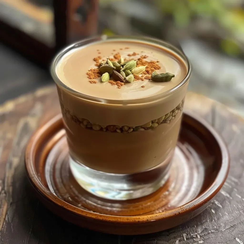 ['Close-up view of a creamy Masala Chai Panna Cotta topped with spices.', 'Side view of a flavorful Masala Chai Panna Cotta in a glass dessert dish.', 'Rich Masala Chai Panna Cotta with a smooth texture, garnished with cardamom.', 'Creamy dessert showcasing Masala Chai ingredients like tea and spices.']
