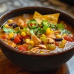 ['A close-up side view of a bowl filled with Mexican Chicken Tortilla Soup, showcasing vibrant ingredients.', 'A detailed shot of steaming Mexican Chicken Tortilla Soup with visible chunks of chicken and vegetables.', 'An appetizing close-up of a hearty bowl of Chicken Tortilla Soup, featuring colorful garnishes.', 'A side view of a delicious bowl of Chicken Tortilla Soup emphasizing the fresh ingredients and texture.']