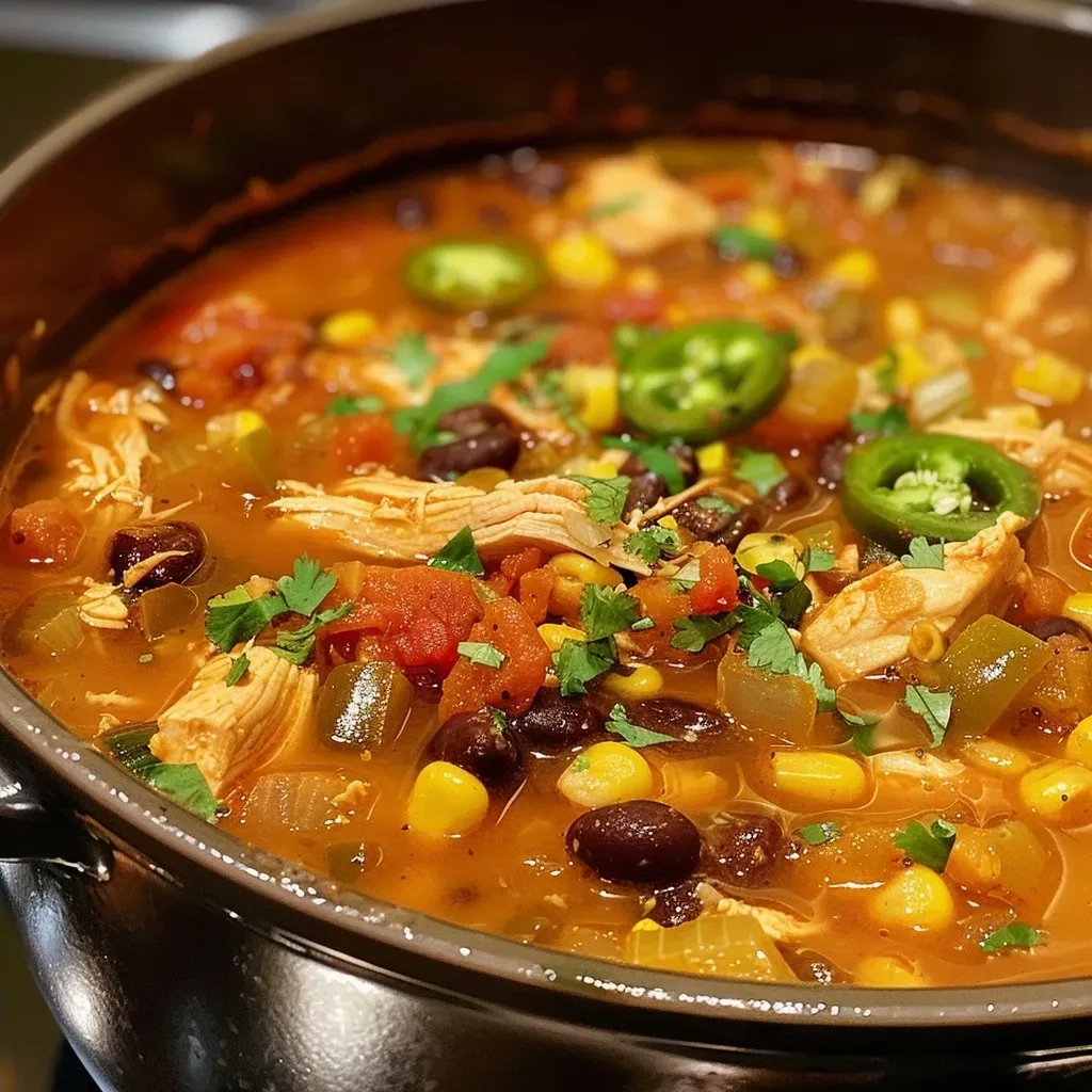 ['A close-up side view of a bowl filled with Mexican Chicken Tortilla Soup, showcasing vibrant ingredients.', 'A detailed shot of steaming Mexican Chicken Tortilla Soup with visible chunks of chicken and vegetables.', 'An appetizing close-up of a hearty bowl of Chicken Tortilla Soup, featuring colorful garnishes.', 'A side view of a delicious bowl of Chicken Tortilla Soup emphasizing the fresh ingredients and texture.']