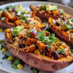 ['Close-up of cut Mexican sweet potato skins topped with colorful ingredients.', 'Side view of baked sweet potato skins filled with black beans, corn, and avocado.', 'Juicy, stuffed sweet potato skins featuring vibrant toppings and fresh herbs.', 'Delicious Mexican sweet potato skins garnished with non-dairy cheese and lime.']