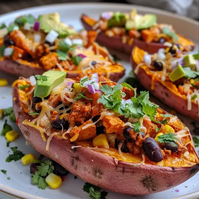 ['Close-up of cut Mexican sweet potato skins topped with colorful ingredients.', 'Side view of baked sweet potato skins filled with black beans, corn, and avocado.', 'Juicy, stuffed sweet potato skins featuring vibrant toppings and fresh herbs.', 'Delicious Mexican sweet potato skins garnished with non-dairy cheese and lime.']