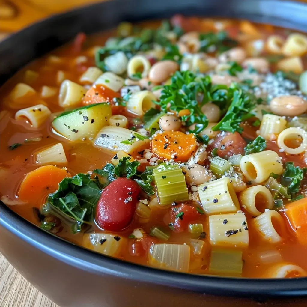 ['A close-up side view of a bowl of classic Minestrone soup with gluten-free noodles, featuring vibrant vegetables and herbs.', 'A detailed shot of Minestrone soup, showcasing colorful ingredients like carrots, zucchini, and kale, topped with fresh parsley.', 'A steaming bowl of Minestrone soup filled with gluten-free elbow macaroni and garnished with parmesan cheese.', 'A vibrant display of Minestrone soup from a side angle, highlighting the richness of flavors and textures in the dish.']