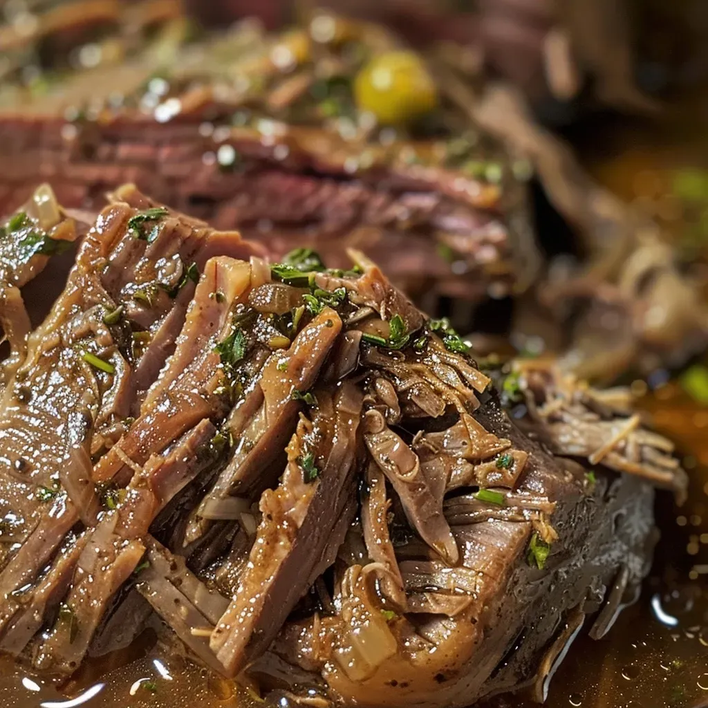 ['Close-up view of juicy Mississippi Pot Roast with a glossy sauce and vibrant pepperoncini.', 'Side view of a tender Mississippi Pot Roast, garnished with pepperoncini and melted butter.', 'Detailed image of Mississippi Pot Roast, showcasing its succulent texture and flavorful ingredients.', 'Close-up of Mississippi Pot Roast served with pepperoncini and drizzled with buttery sauce.']
