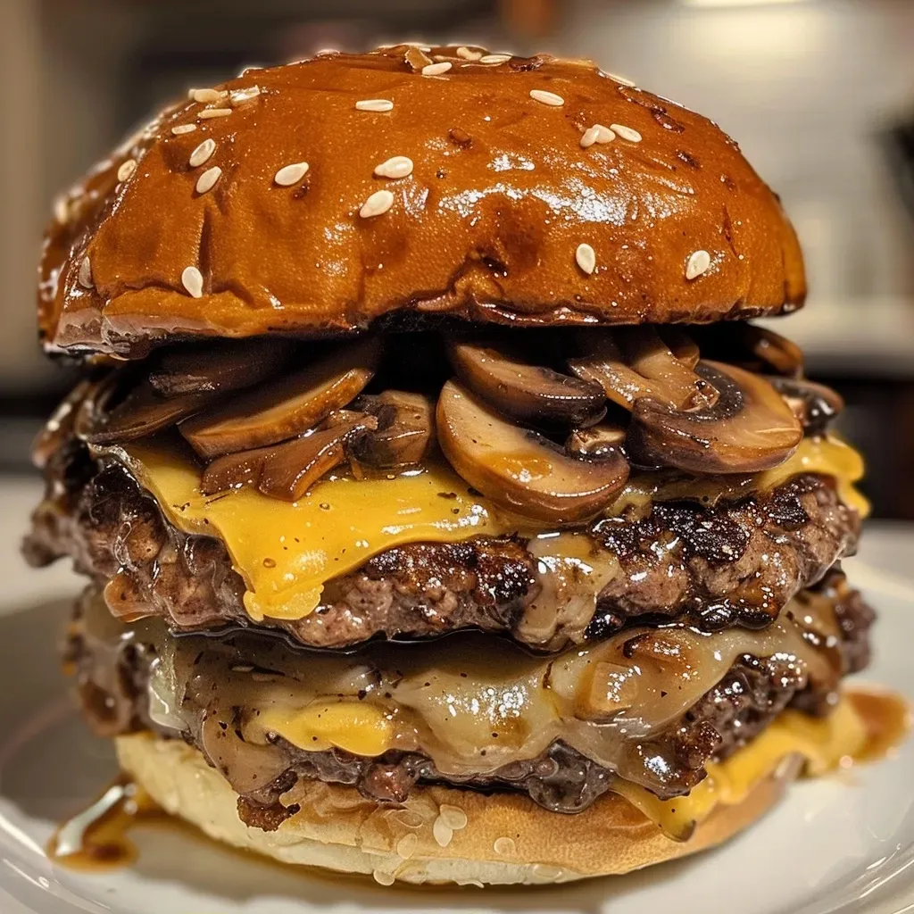 ['Close-up view of a Mushroom and Swiss Thickburger on a sesame seed bun, showcasing juicy beef and melted cheese.', 'Side angle of a delicious Mushroom and Swiss Thickburger, highlighting the layers of mushrooms and Swiss cheese.', 'Juicy Mushroom and Swiss Thickburger displayed on a plate, with visible sautéed mushrooms and burger patty.', 'Mouthwatering Thickburger featuring Swiss cheese and mushrooms, set against a rustic background.']