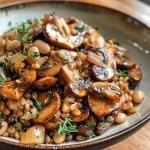 ['Close-up view of a bowl of Mushroom Farro with Beans and Herbs, showcasing vibrant colors and textures.', 'A delicious serving of Mushroom Farro, highlighting sliced mushrooms, beans, and herbs in a rustic bowl.', 'Side view of Mushroom Farro with Beans, featuring a mix of earthy tones from the mushrooms and grains.', 'Tasty Mushroom Farro dish with visible ingredients including beans and herbs, captured in bright lighting.']