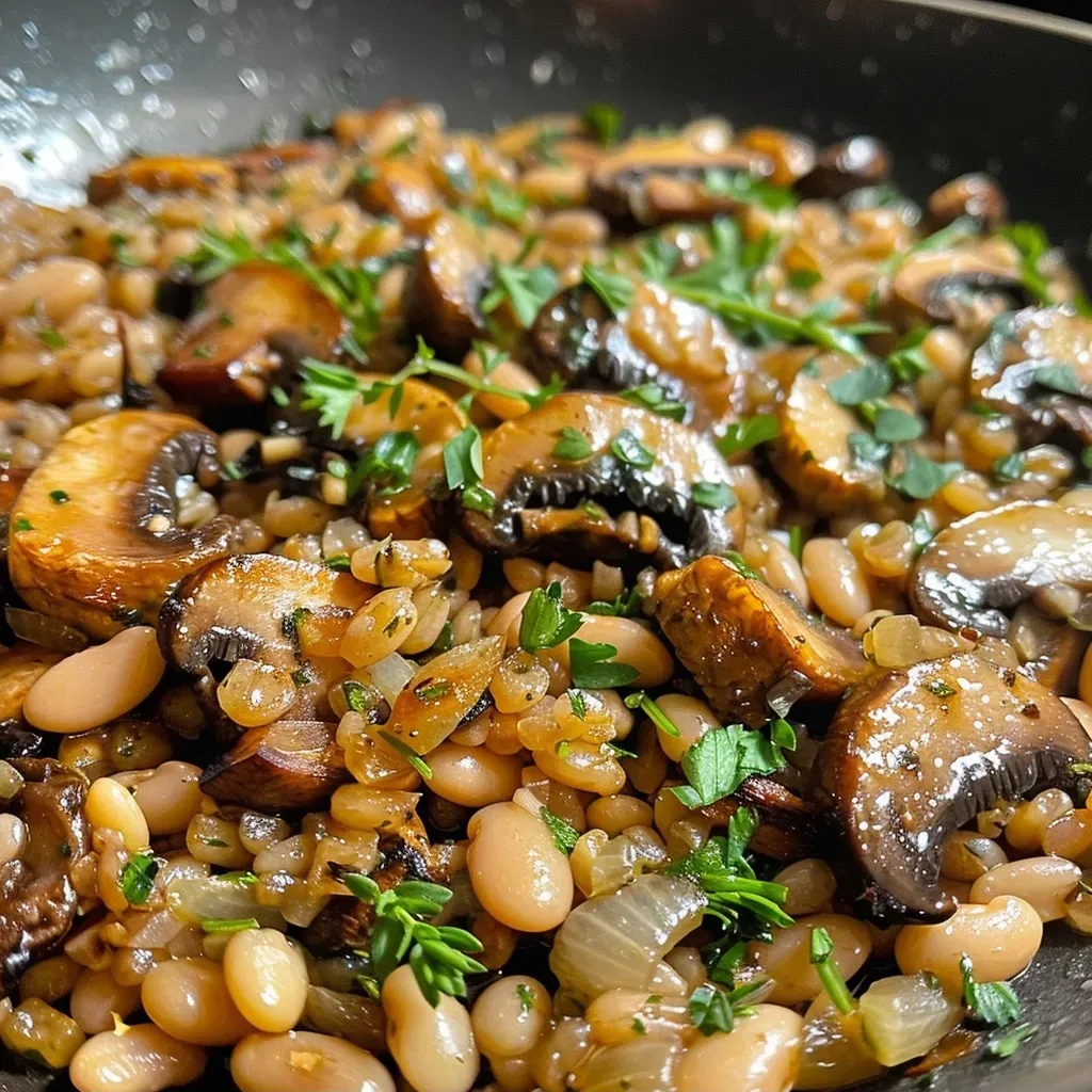 ['Close-up view of a bowl of Mushroom Farro with Beans and Herbs, showcasing vibrant colors and textures.', 'A delicious serving of Mushroom Farro, highlighting sliced mushrooms, beans, and herbs in a rustic bowl.', 'Side view of Mushroom Farro with Beans, featuring a mix of earthy tones from the mushrooms and grains.', 'Tasty Mushroom Farro dish with visible ingredients including beans and herbs, captured in bright lighting.']