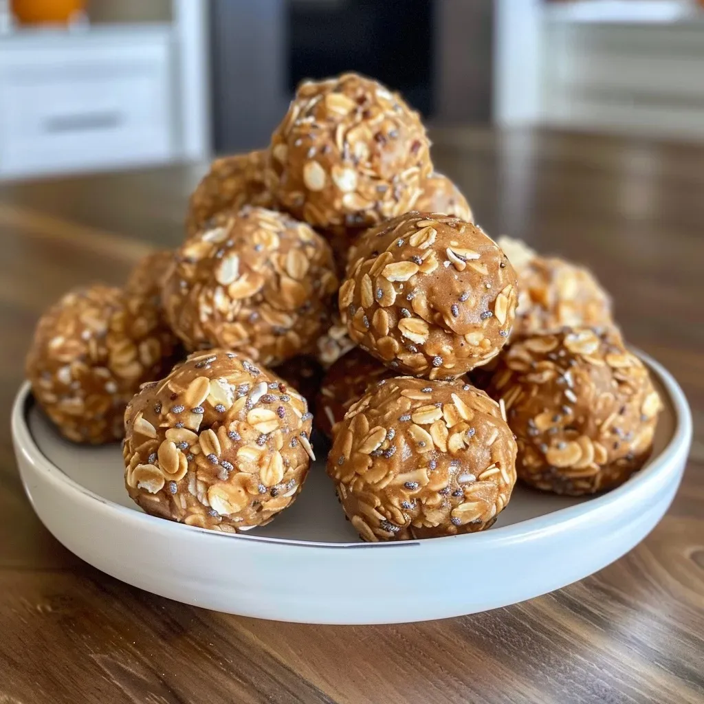 ['Close-up view of No Bake Pumpkin Spice Energy Bites drizzled with chocolate.', 'Side view of several No Bake Pumpkin Spice Energy Bites showcasing their texture.', 'Juicy, round No Bake Pumpkin Spice Energy Bites on a wooden surface.', 'A handful of No Bake Pumpkin Spice Energy Bites with a background of oats and pumpkin.']