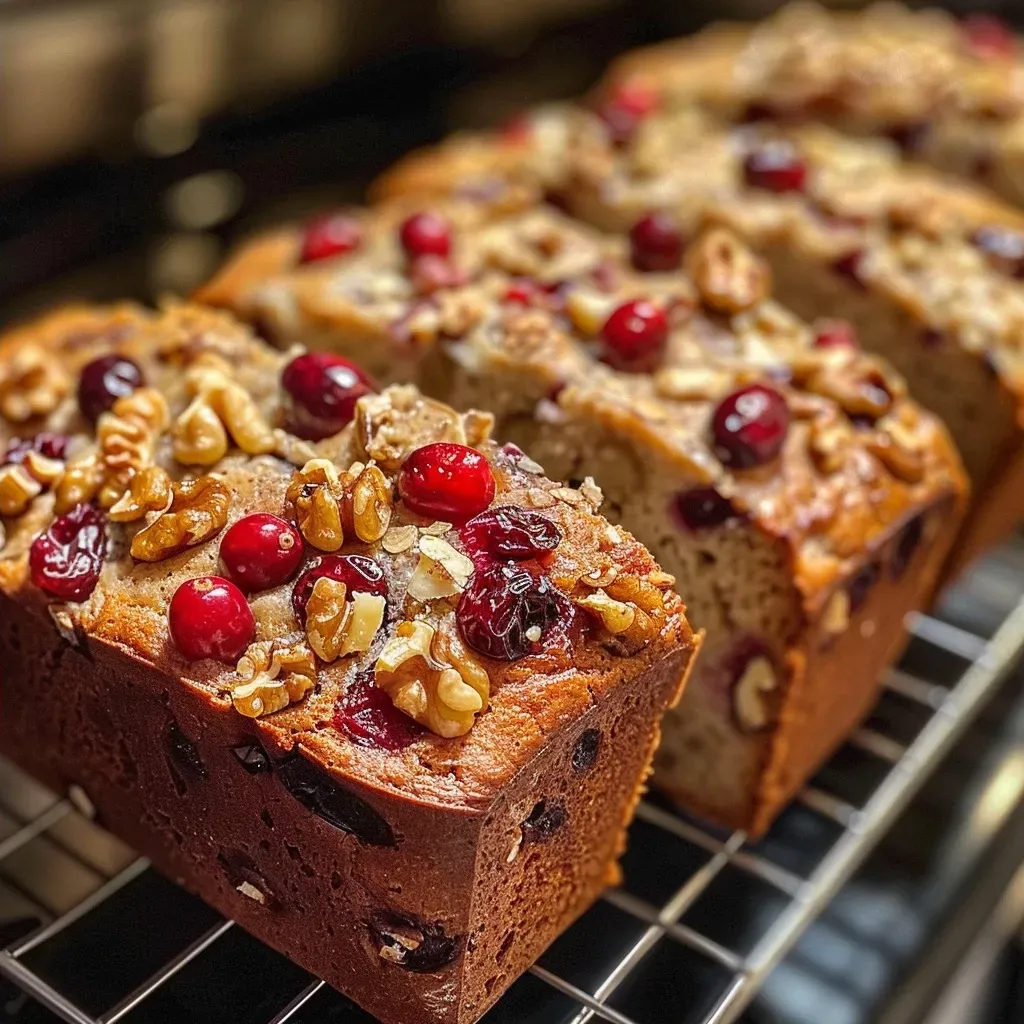 Close-up side view of a rustic loaf of no-knead cranberry walnut bread with a golden crust.