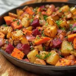 ['Close-up of a vibrant one-pan root vegetable hash featuring diced potatoes, beets, sweet potatoes, parsnips, and carrots.', 'Side view of a colorful root vegetable hash in a pan, showcasing a medley of diced vegetables with herbs sprinkled on top.', 'Detailed image of a one-pan hash with various root vegetables, glistening with oil and garnished with fresh parsley.', 'Mouthwatering close-up of a hearty root vegetable dish, displaying a mix of onions, garlic, and colorful diced vegetables.']