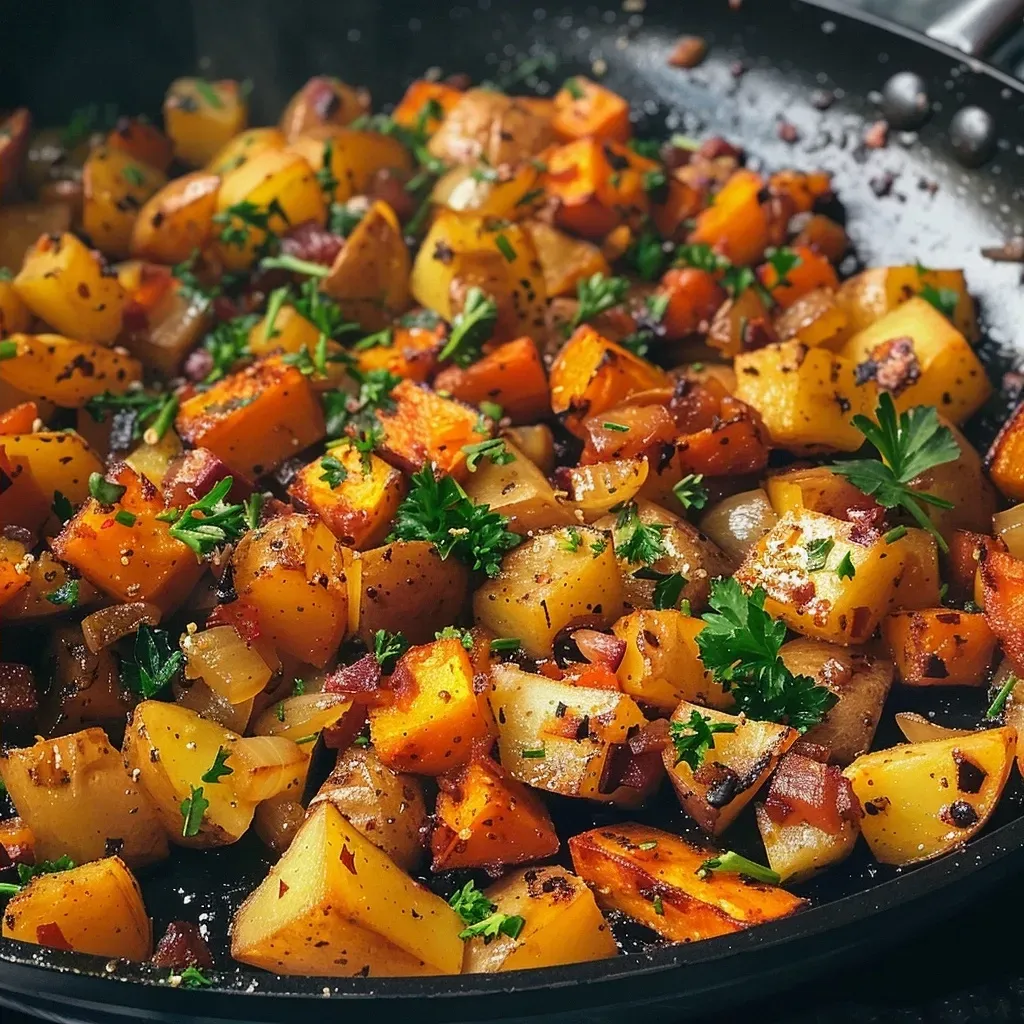 ['Close-up of a vibrant one-pan root vegetable hash featuring diced potatoes, beets, sweet potatoes, parsnips, and carrots.', 'Side view of a colorful root vegetable hash in a pan, showcasing a medley of diced vegetables with herbs sprinkled on top.', 'Detailed image of a one-pan hash with various root vegetables, glistening with oil and garnished with fresh parsley.', 'Mouthwatering close-up of a hearty root vegetable dish, displaying a mix of onions, garlic, and colorful diced vegetables.']