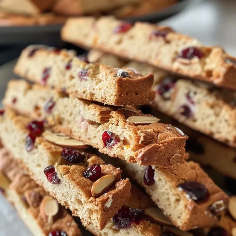 ['Close-up of golden-orange biscotti with cranberries and almonds.', 'Side view of a crispy orange cranberry biscotti on a wooden table.', 'A slice of orange cranberry biscotti displaying dried cranberries and almond pieces.', 'Freshly baked orange cranberry biscotti arranged attractively on a plate.']