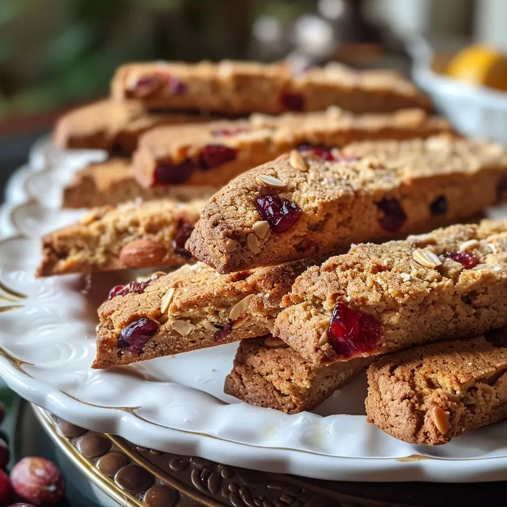 ['Close-up of golden-orange biscotti with cranberries and almonds.', 'Side view of a crispy orange cranberry biscotti on a wooden table.', 'A slice of orange cranberry biscotti displaying dried cranberries and almond pieces.', 'Freshly baked orange cranberry biscotti arranged attractively on a plate.']