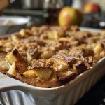 ['Close-up view of a golden-brown baked casserole with apple chunks and cinnamon on a rustic wooden table.', 'A side view of Overnight Cinnamon Apple Baked French Toast Casserole with a fluffy texture and caramelized apples.', 'Juicy slice of baked French toast casserole featuring apples and a dusting of cinnamon on a white plate.', 'Delicious French toast casserole displaying layers of bread, apples, and a shiny glaze from melted butter.']