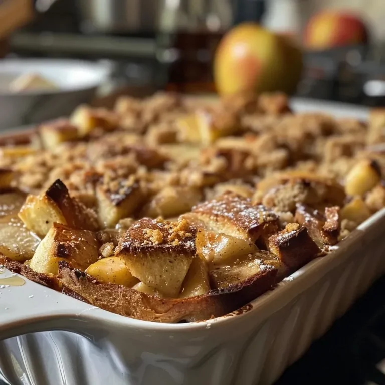 ['Close-up view of a golden-brown baked casserole with apple chunks and cinnamon on a rustic wooden table.', 'A side view of Overnight Cinnamon Apple Baked French Toast Casserole with a fluffy texture and caramelized apples.', 'Juicy slice of baked French toast casserole featuring apples and a dusting of cinnamon on a white plate.', 'Delicious French toast casserole displaying layers of bread, apples, and a shiny glaze from melted butter.']