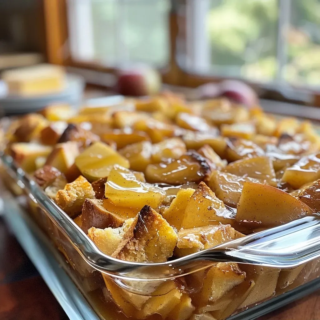 ['Close-up view of a golden-brown baked casserole with apple chunks and cinnamon on a rustic wooden table.', 'A side view of Overnight Cinnamon Apple Baked French Toast Casserole with a fluffy texture and caramelized apples.', 'Juicy slice of baked French toast casserole featuring apples and a dusting of cinnamon on a white plate.', 'Delicious French toast casserole displaying layers of bread, apples, and a shiny glaze from melted butter.']