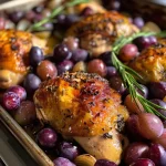 ['A close-up photo of juicy pan-roasted chicken thighs with grapes and rosemary, showcasing vibrant colors.', 'Side view of golden-brown pan-roasted chicken garnished with fresh rosemary and surrounded by red grapes.', 'Succulent chicken thighs with a glossy glaze, complemented by sliced shallots and plump grapes.', 'A tantalizing dish of pan-roasted chicken with grapes and rosemary, emphasizing the juicy texture and rich colors.']