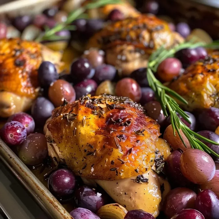 ['A close-up photo of juicy pan-roasted chicken thighs with grapes and rosemary, showcasing vibrant colors.', 'Side view of golden-brown pan-roasted chicken garnished with fresh rosemary and surrounded by red grapes.', 'Succulent chicken thighs with a glossy glaze, complemented by sliced shallots and plump grapes.', 'A tantalizing dish of pan-roasted chicken with grapes and rosemary, emphasizing the juicy texture and rich colors.']