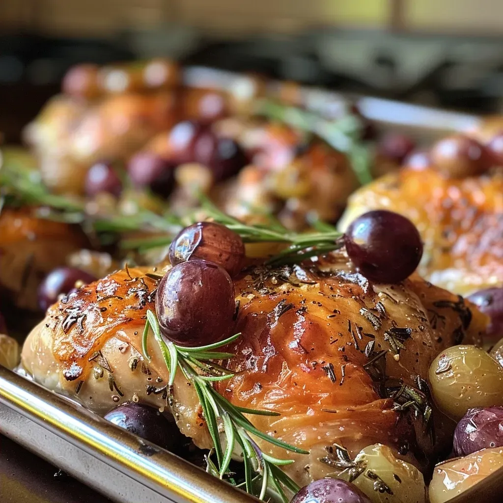 ['A close-up photo of juicy pan-roasted chicken thighs with grapes and rosemary, showcasing vibrant colors.', 'Side view of golden-brown pan-roasted chicken garnished with fresh rosemary and surrounded by red grapes.', 'Succulent chicken thighs with a glossy glaze, complemented by sliced shallots and plump grapes.', 'A tantalizing dish of pan-roasted chicken with grapes and rosemary, emphasizing the juicy texture and rich colors.']