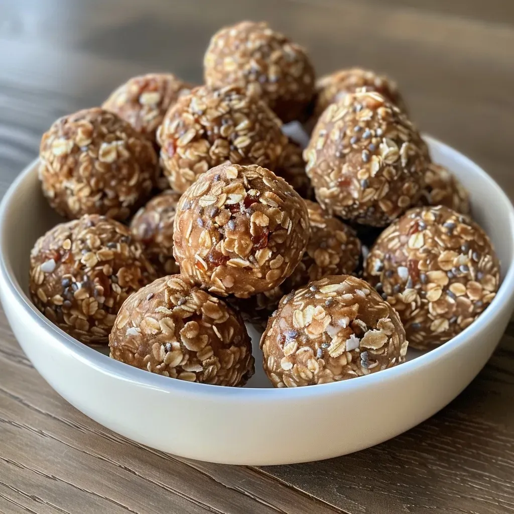 ['Close-up of Peanut Butter Apple Energy Bites, showcasing their textured surface.', 'Side view of a tasty-looking energy bite, highlighting the apple and peanut butter ingredients.', 'Juicy Peanut Butter Apple Energy Bites arranged attractively, with oats and dried apples visible.', 'Detailed view of Peanut Butter Apple Energy Bites, emphasizing their chewy texture and healthy ingredients.']