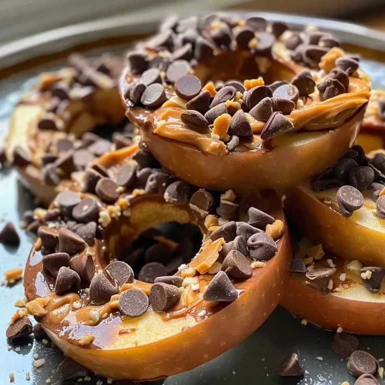 ['Close-up of apple rings topped with peanut butter and chocolate chips.', 'Side view of sliced apples with creamy peanut butter and Greek yogurt.', 'Juicy apple rings adorned with melted chocolate and peanut butter.', 'Fresh apple slices drizzled with peanut butter and sprinkled with chocolate.']
