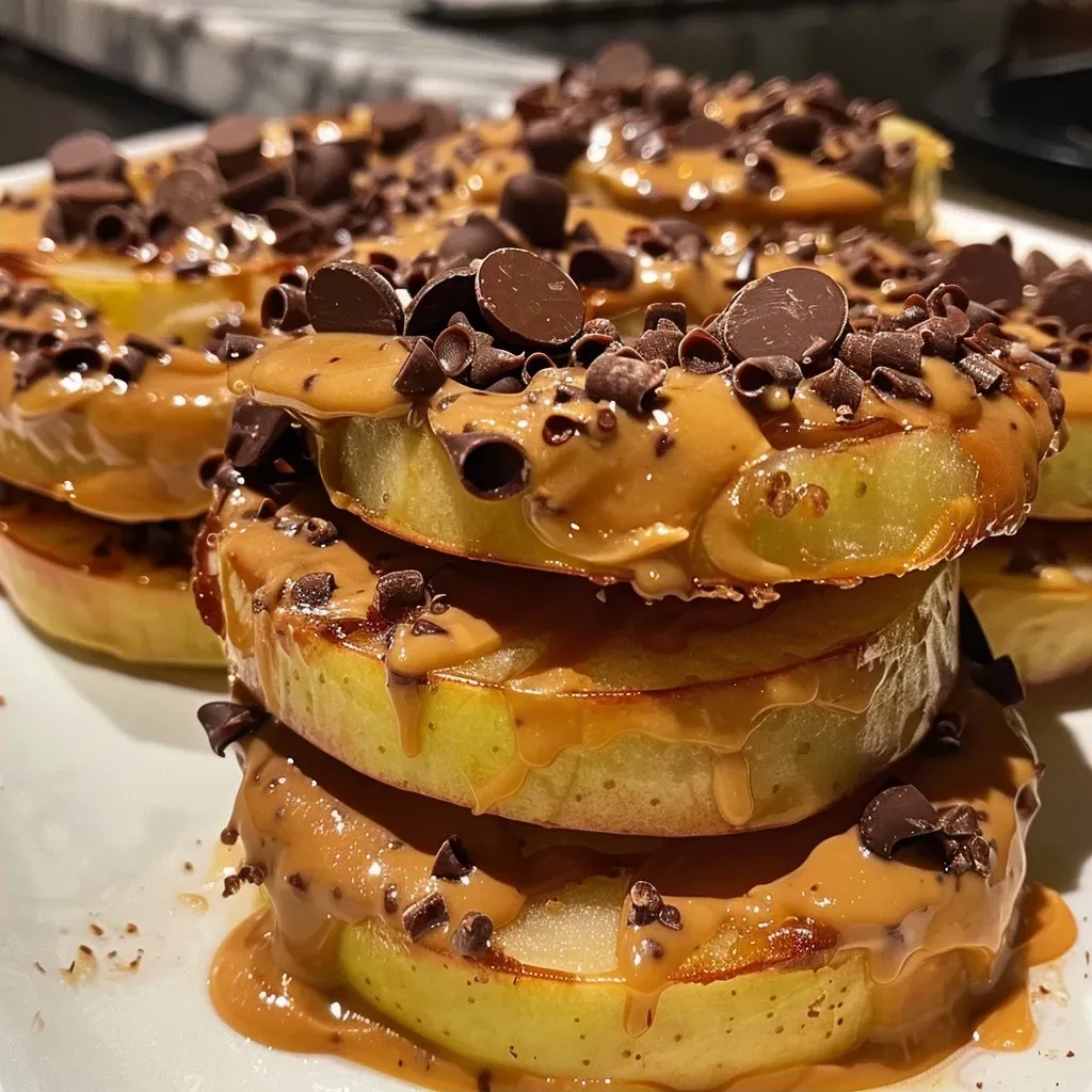['Close-up of apple rings topped with peanut butter and chocolate chips.', 'Side view of sliced apples with creamy peanut butter and Greek yogurt.', 'Juicy apple rings adorned with melted chocolate and peanut butter.', 'Fresh apple slices drizzled with peanut butter and sprinkled with chocolate.']