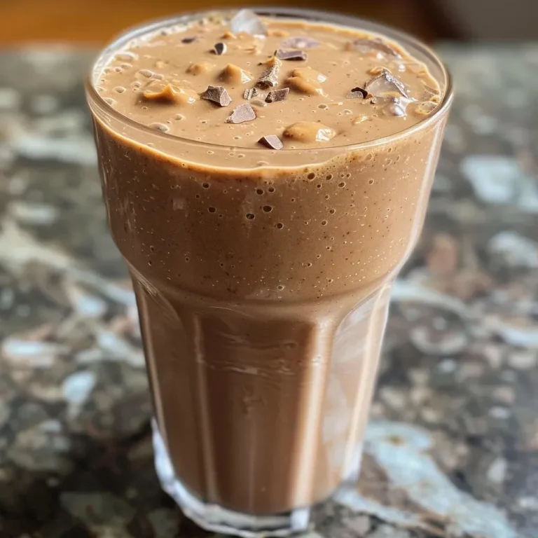 ['A close-up view of a creamy peanut butter cup protein shake in a glass, garnished with a swirl of peanut butter.', 'Side view of a delicious peanut butter cup protein shake, showcasing its thick texture and a sprinkle of chocolate on top.', 'An indulgent protein shake made with peanut butter and chocolate, presented in a clear glass with ice cubes.', 'A refreshing peanut butter cup protein shake displayed on a wooden countertop, emphasizing its rich color and creamy consistency.']