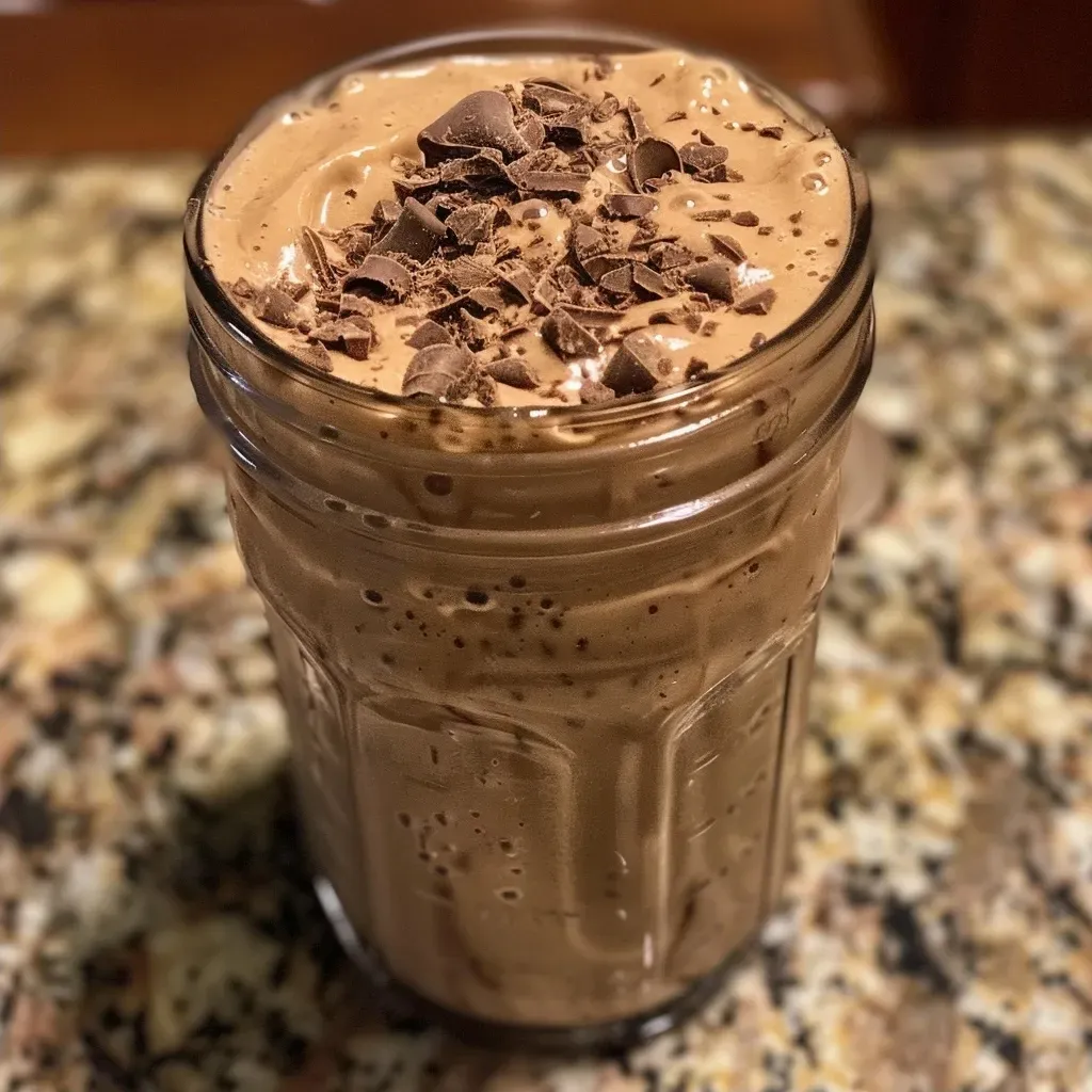 ['A close-up view of a creamy peanut butter cup protein shake in a glass, garnished with a swirl of peanut butter.', 'Side view of a delicious peanut butter cup protein shake, showcasing its thick texture and a sprinkle of chocolate on top.', 'An indulgent protein shake made with peanut butter and chocolate, presented in a clear glass with ice cubes.', 'A refreshing peanut butter cup protein shake displayed on a wooden countertop, emphasizing its rich color and creamy consistency.']