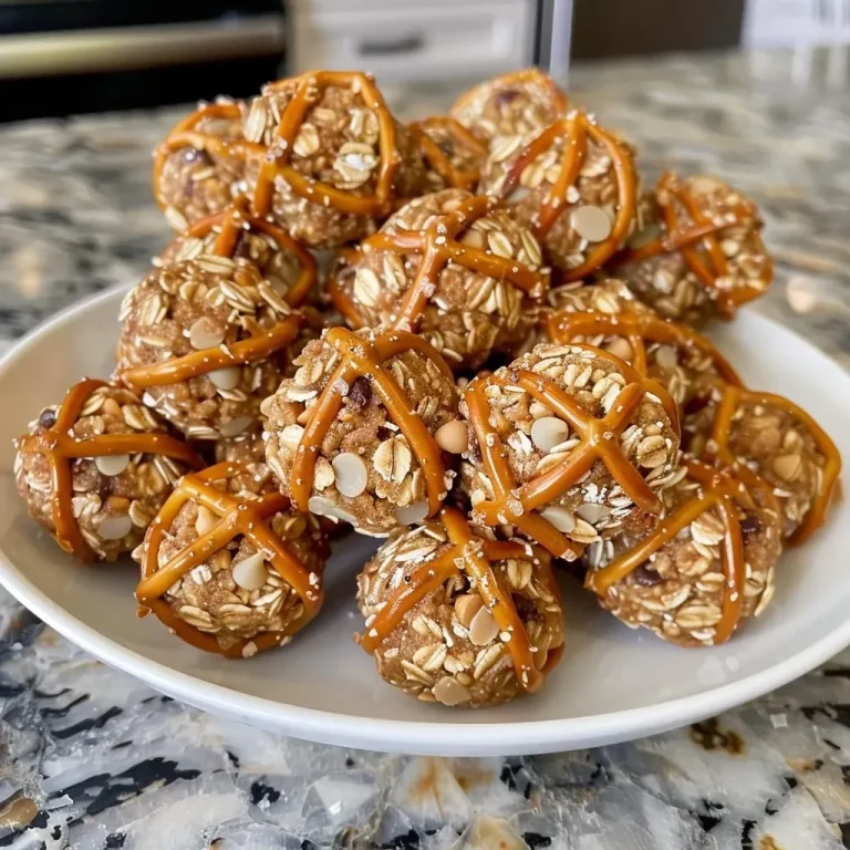 ['Close-up of Sweet and Salty Peanut Butter Pretzel Bites arranged on a rustic wooden surface.', 'A side view of peanut butter pretzel bites featuring a mix of pretzels and chocolate chips.', 'Delicious peanut butter pretzel bites displayed with a focus on their texture and ingredients.', 'Close-up side view of crunchy peanut butter pretzel bites with a sprinkle of chocolate chips.']