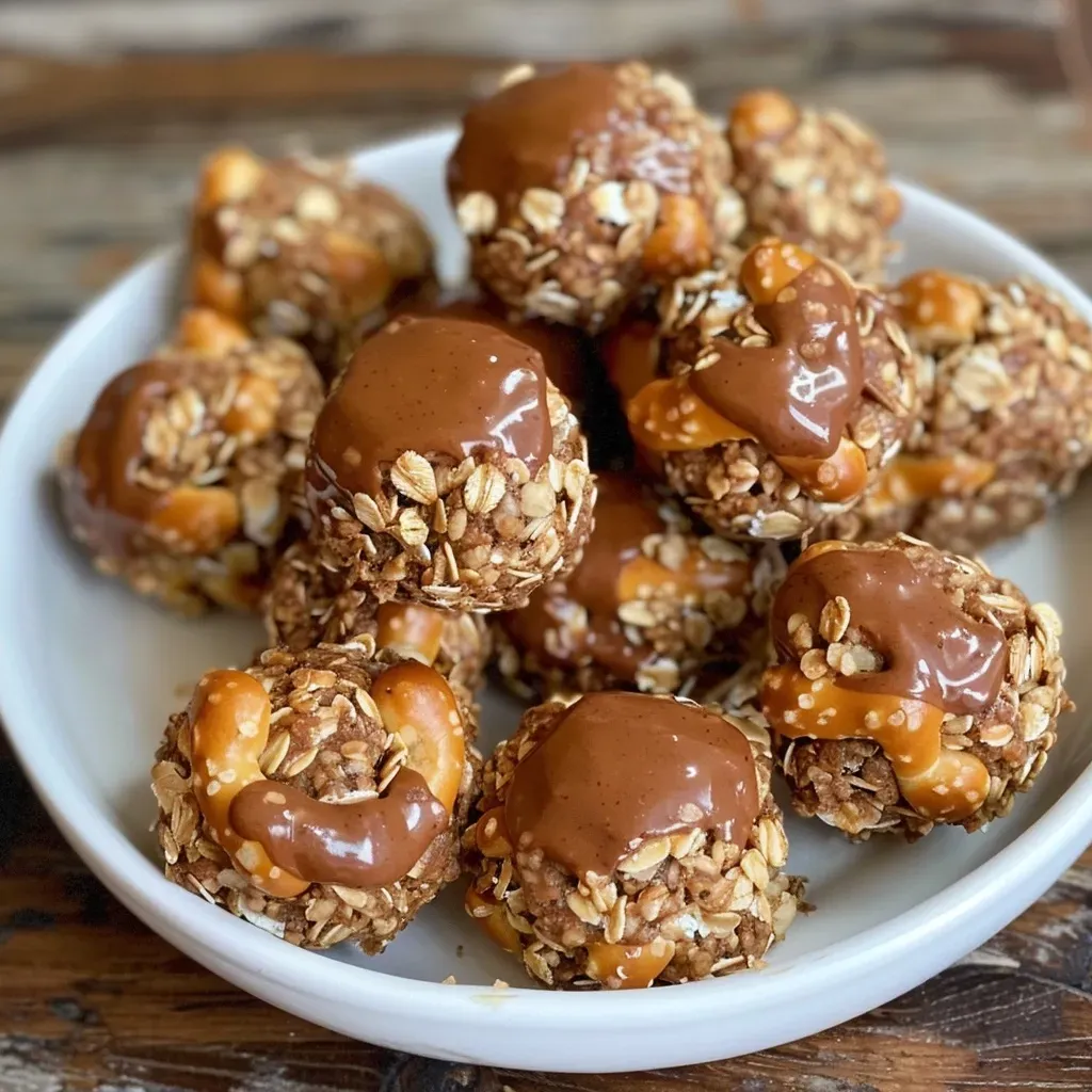 ['Close-up of Sweet and Salty Peanut Butter Pretzel Bites arranged on a rustic wooden surface.', 'A side view of peanut butter pretzel bites featuring a mix of pretzels and chocolate chips.', 'Delicious peanut butter pretzel bites displayed with a focus on their texture and ingredients.', 'Close-up side view of crunchy peanut butter pretzel bites with a sprinkle of chocolate chips.']