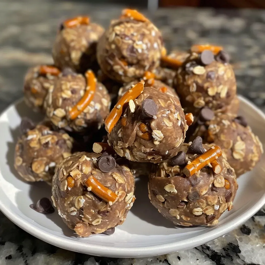 ['Close-up view of Peanut Butter Pretzel Energy Bites with a glossy finish.', 'Side view of stacked Peanut Butter Pretzel Energy Bites showing texture.', 'Delicious Peanut Butter Pretzel Energy Bites with visible pretzel pieces.', 'Healthy snack of Peanut Butter Pretzel Energy Bites arranged on a plate.']