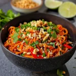 ['Close-up of vibrant Peanut Sweet Potato Noodles with colorful vegetables and peanuts.', 'Side view of a bowl filled with Peanut Sweet Potato Noodles topped with fresh herbs.', 'Juicy Peanut Sweet Potato Noodles garnished with red bell pepper and green onions.', 'Detailed shot of fresh Peanut Sweet Potato Noodles showcasing their texture and ingredients.']