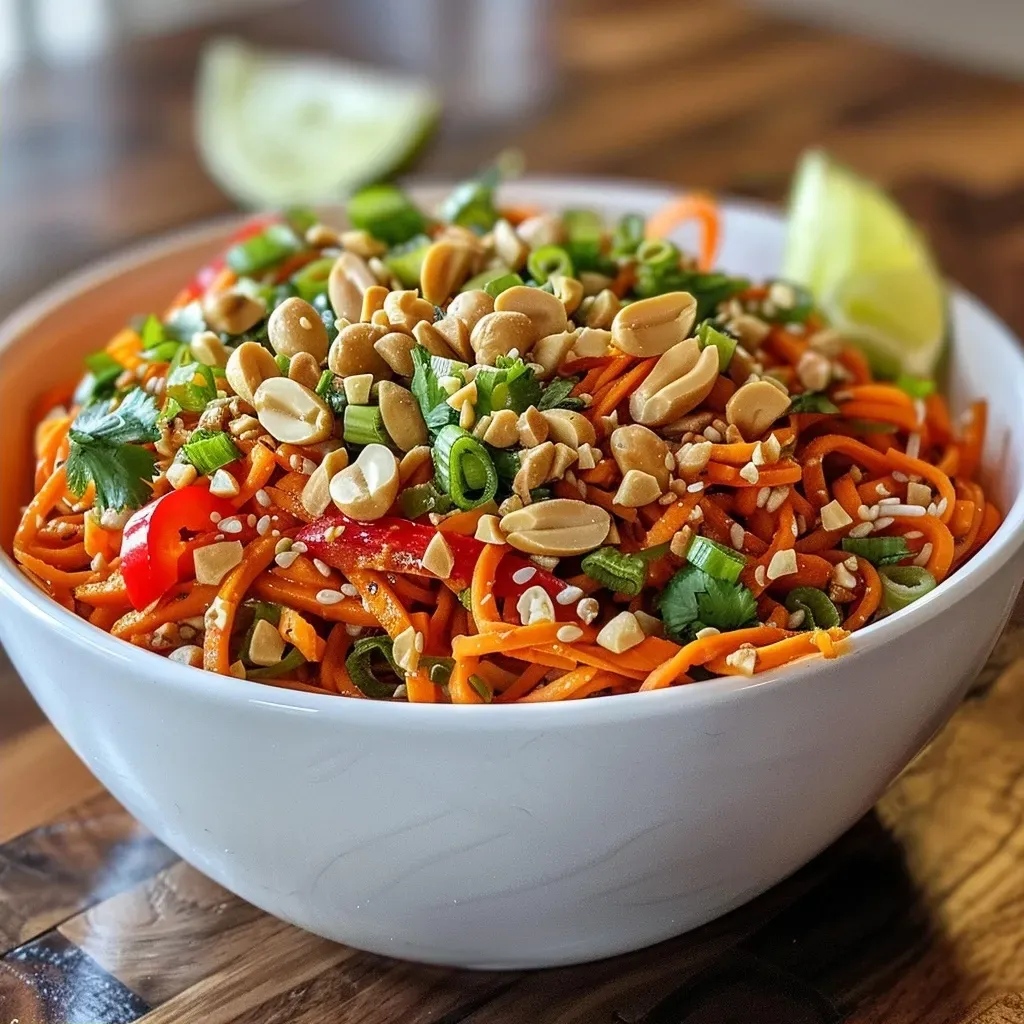 ['Close-up of vibrant Peanut Sweet Potato Noodles with colorful vegetables and peanuts.', 'Side view of a bowl filled with Peanut Sweet Potato Noodles topped with fresh herbs.', 'Juicy Peanut Sweet Potato Noodles garnished with red bell pepper and green onions.', 'Detailed shot of fresh Peanut Sweet Potato Noodles showcasing their texture and ingredients.']