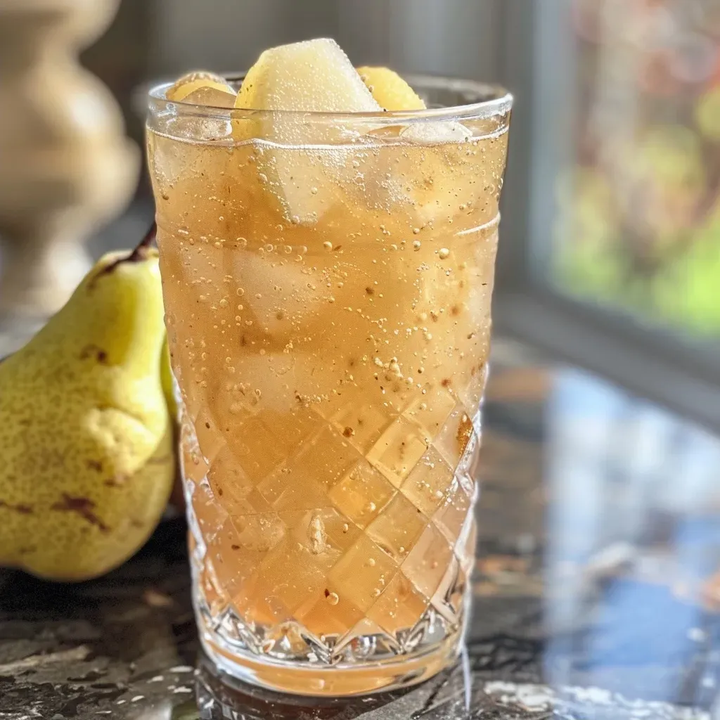 ['Close-up view of a refreshing Pear and Vanilla Spritzer in a clear glass.', 'Side view of a sparkling drink featuring pear slices and a vanilla bean.', 'Refreshing beverage with chilled seltzer, showcasing Bosc pears and vanilla.', 'Detail shot of a fruity spritzer with pear and vanilla, garnished elegantly.']
