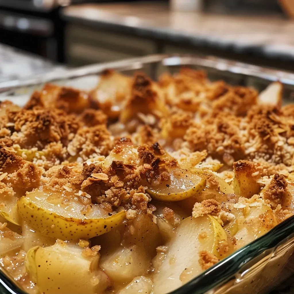 ['Close-up view of a freshly baked Pear Crumble with golden-brown topping.', 'Side view of juicy Pear Crumble with a crispy topping and pear slices visible.', 'Detail shot of a warm Pear Crumble, showcasing the texture of the crumble and fruit.', 'Close-up image of Pear Crumble highlighting the light brown crust and juicy pear filling.']